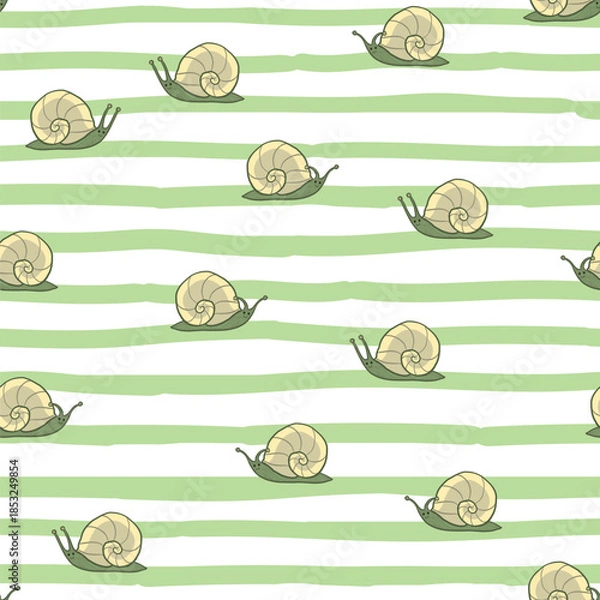 Obraz Snail baby seamless vector pattern and green striped background.