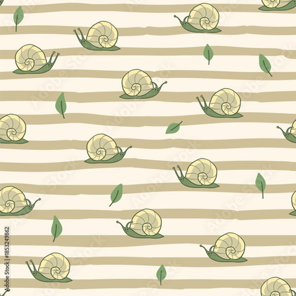 Obraz Snail and leaf baby seamless vector pattern and striped background.