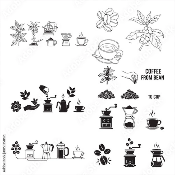 Obraz Coffee Beans Roasting Brewing Cup Black Vector Illustration