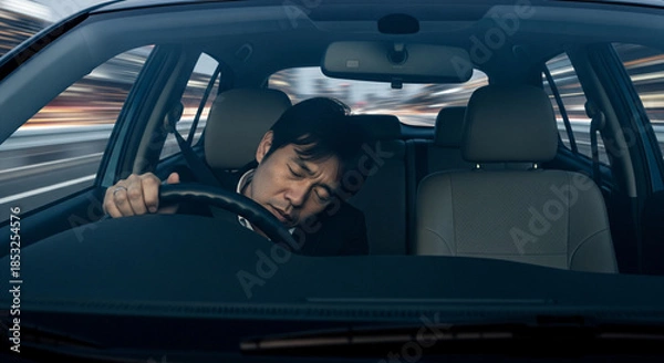 Fototapeta 居眠り運転や、てんかん発作による運転中の失神イメージ、ハンドルに顔をうずめる日本人男性とコピースペース