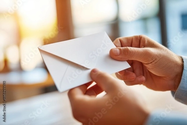 Obraz Person holding a blank envelope in a bright setting