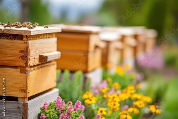 Obraz Colorful beehives in a blooming garden