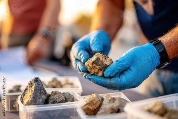 Obraz Examining rocks during a geology field study