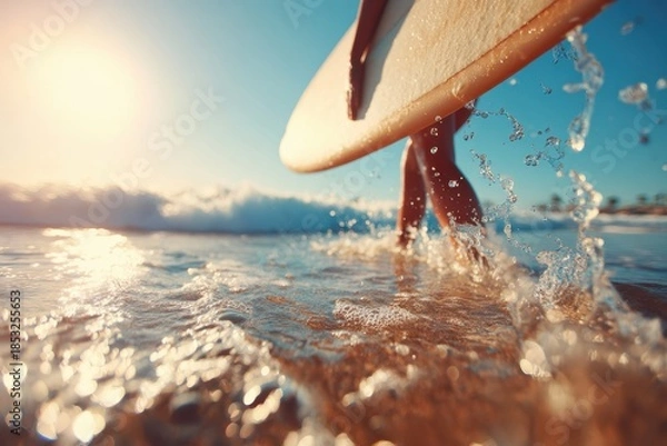 Obraz Surfer walking in shallow water at sunset