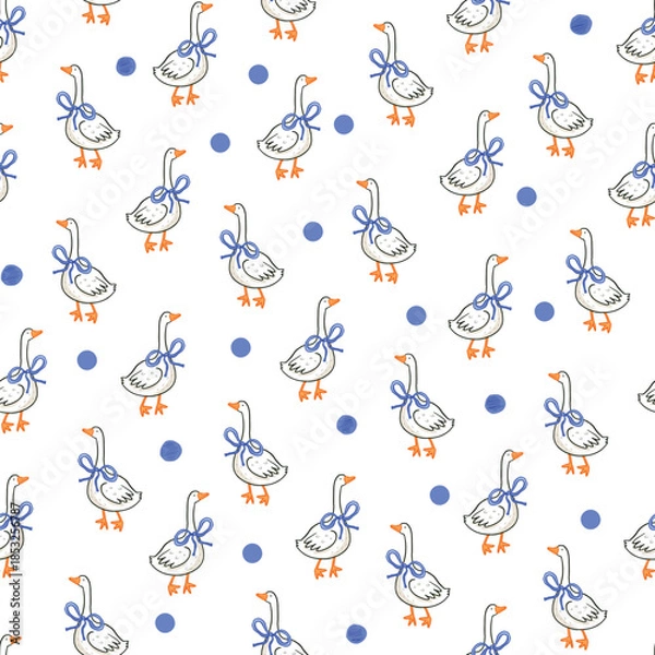 Obraz Cute goose with blue ribbon baby vector seamless pattern with dots background.