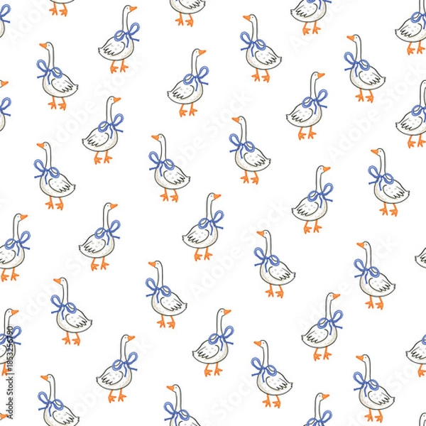 Obraz Cute goose with blue ribbon baby vector seamless pattern.