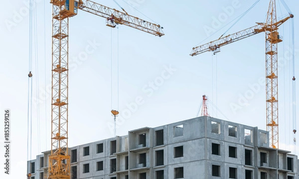 Obraz High-rise construction cranes work on construction sites