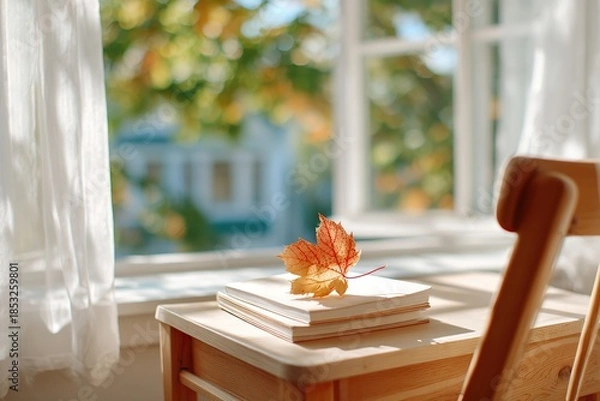 Obraz Autumn leaf on books by the window