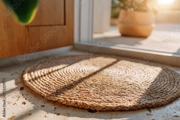 Obraz Woven round rug by the door with sunlight shadows
