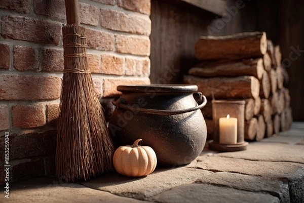 Obraz Rustic autumn decor with broom and pumpkin