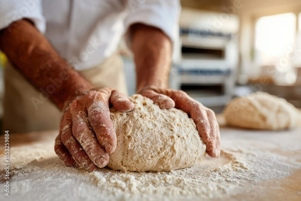 Obraz Hands Kneading Dough in Rustic Kitchen