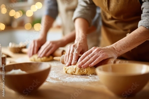Obraz Kneading dough in a cozy kitchen