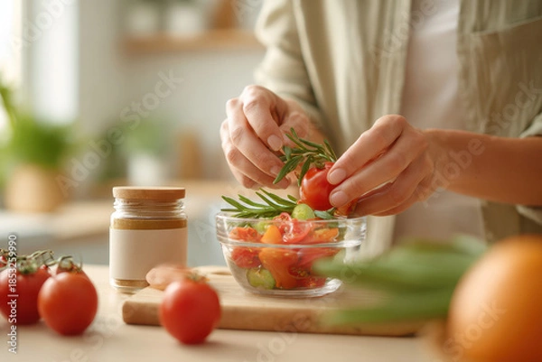 Obraz Preparing a fresh salad with tomatoes and herbs