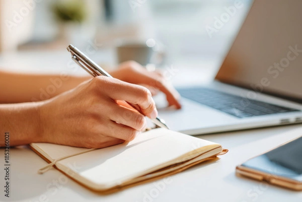 Obraz Person writing in a notebook beside a laptop