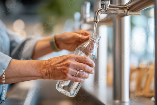 Obraz Filling a glass bottle with water from a modern tap