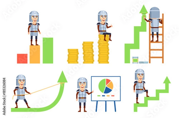 Obraz Set of knight characters posing with charts. Cheerful knight standing on growth diagram, pointing to whiteboard and showing other actions. Flat style vector illustration