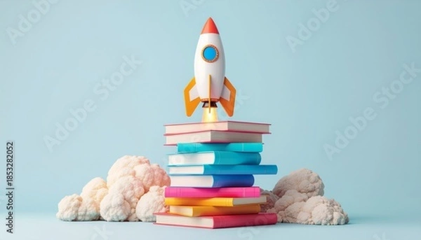 Obraz Rocket Launching from Stack of Books Representing Education and Progress.