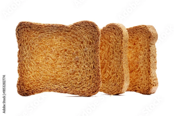 Obraz Pile sliced whole wheat dry integral bread with wholewheat flour isolated on white background, side view