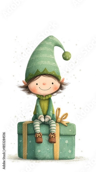 Obraz Cute Christmas elf sitting on a wrapped gift box, smiling - concept of Christmas magic, joyful gifting and childlike winter wonder