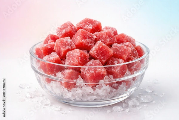 Obraz Bowl Of Frozen Tuna Cubes With Ice Crystals On Light Background