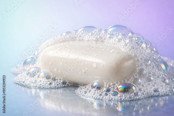 Obraz White Soap Bar Surrounded By Iridescent Bubbles On Pastel Background