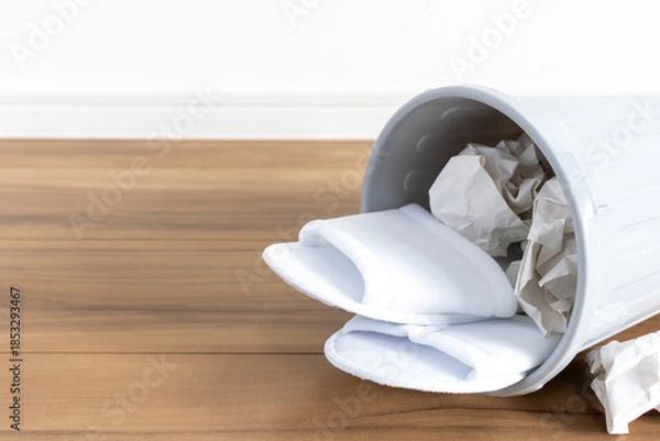 Obraz ゴミ箱に入った使い捨てのスリッパ