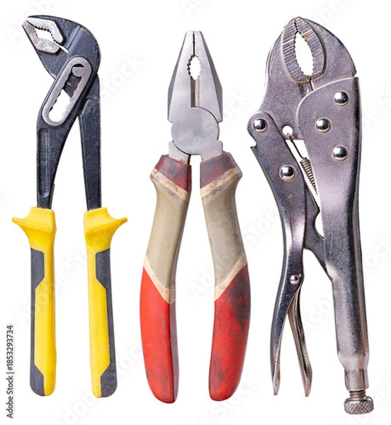 Fototapeta Three different adjustable wrenches used by a plumber. Isolated background.