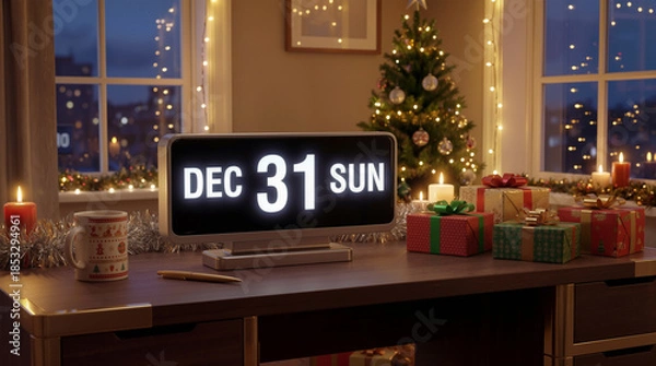 Obraz A clock displays December 31 on a sunny day. The scene features a Christmas tree with lights, holiday gifts, candles, and a warm drink on a table, creating a festive atmosphere in the room