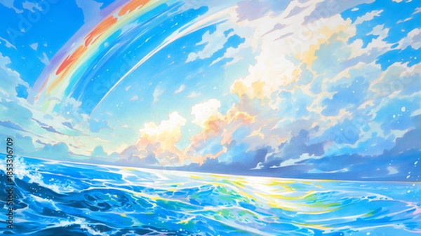 Obraz やさしい光と虹が彩る草原の幻想風景イラスト｜自然・癒し・雲・空・虹・草・アニメ背景・手描き・イメージ素材・ストーリー演出に使える美しい風景画