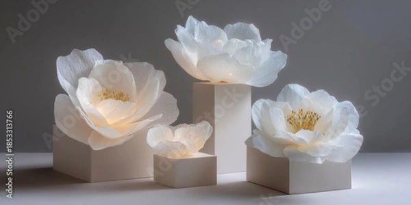 Obraz Rice paper flowers used as modern event decor on neutral plinths  