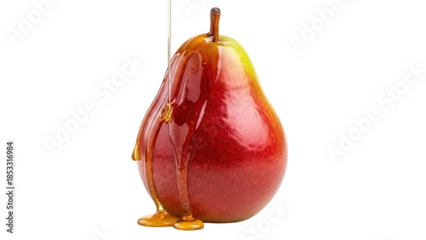 Fototapeta Red pear with honey isolated PNG, sweet fruit dripping with golden syrup on transparent background, healthy dessert for food design