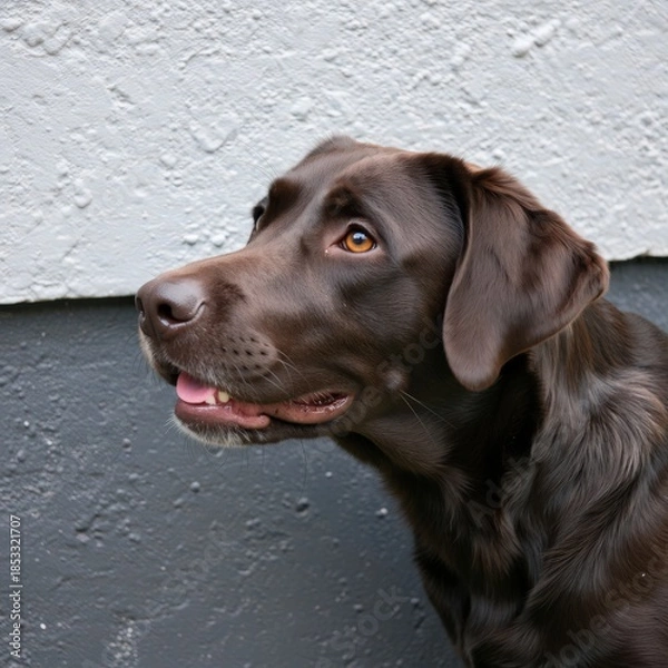 Obraz A brown chocolate Labrador puppy sits alertly near a textured wall, tongue out and eyes bright. Use: pet product packaging, veterinary clinic decor.