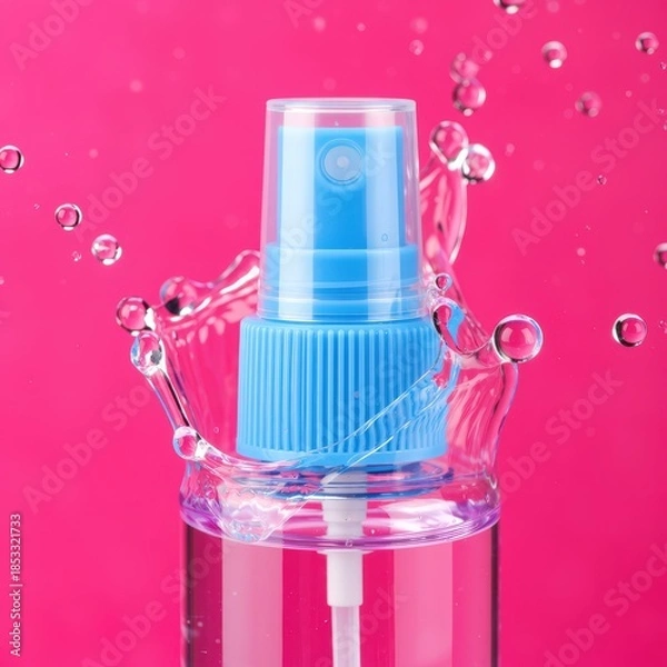 Obraz A clear spray dispenses water droplets mid-air over a bright magenta backdrop, emphasizing purity and vitality. Use: beauty product packaging.