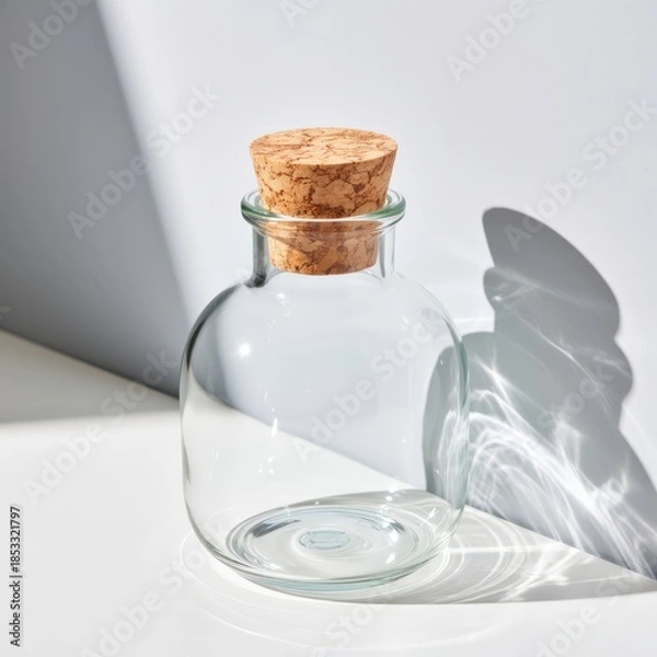 Obraz A clear glass round-necked empty storage vessel sealed with a natural brown cork stopper sits on a white, sunlit reflective tabletop. Use.