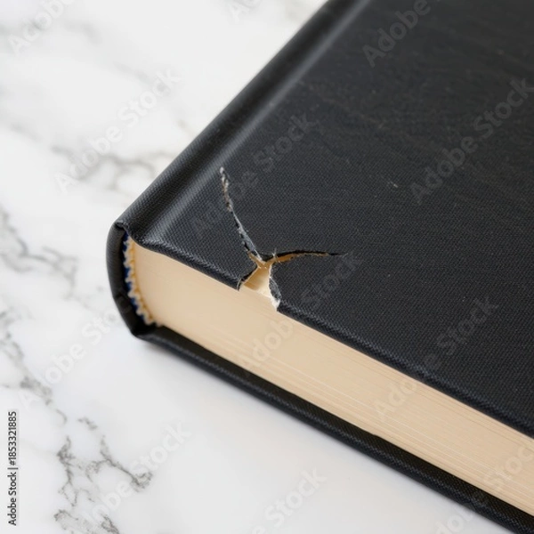 Obraz Close-up of a black-covered book with torn corner on marble surface. Use: bookstore display, academic website header.