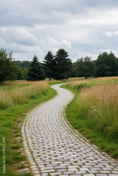 Obraz A winding stone pathway meanders past lush greenery under a cloudy sky; peaceful countryside setting invites exploration. Use: travel magazine.