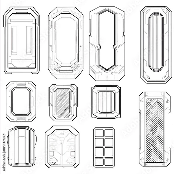 Obraz Minimalist black line art designs of different types and sizes of futuristic door panels on a white background Each design is simple and minimalistic with cle