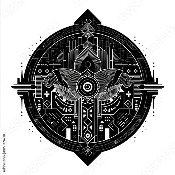 Obraz dmt art pattern mandala style futurecore flat design centered black on white background