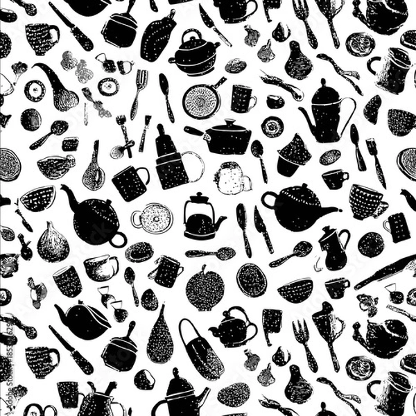 Obraz a repeatable pattern of vegetable fruit spoon fork knife pots pans and cups icons black icons on a white background The icons are not in a grid they are jumbl