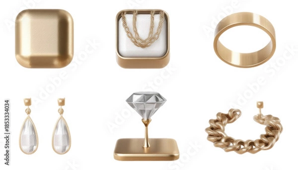 Fototapeta Elegant 3D Metallic Gold Jewelry Collection on Transparent Background