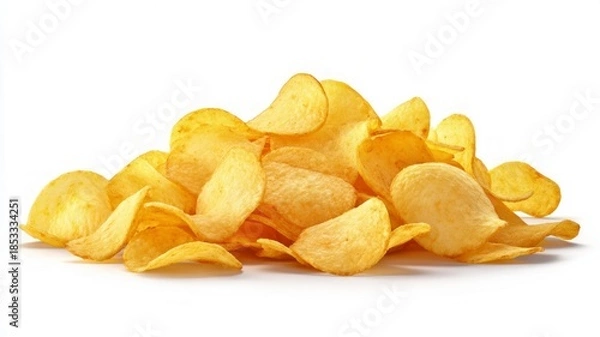 Obraz Golden potato chips on white background. Artificial intelligence image