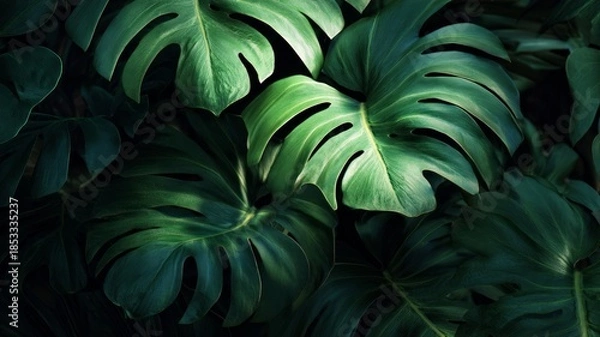 Obraz Lush monstera leaves in deep green tones. Artificial intelligence image