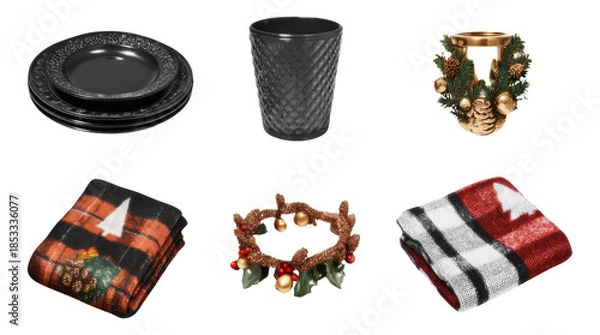 Fototapeta Elegant Winter Holiday Table Setting Accessories on Isolated Transparent Background