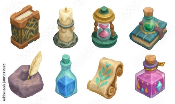 Fototapeta Colorful Decorative Objects for a Wizard Study Room on a Transparent Background