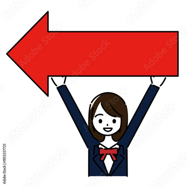 Fototapeta 赤い左向きの矢印を持つ制服姿の女子学生