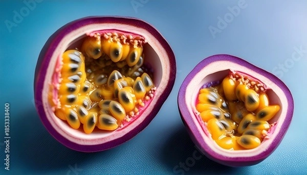 Fototapeta passion fruit a vibrant and appetizing composition showcasing a sliced passion fruit revealing the juicy pulp and seeds perfect for culinary art food photography and healthy living themes