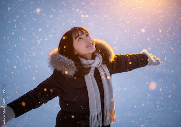 Obraz 雪が舞い散る中、穏やかな光を浴び、両手を広げ空を見上げる女性