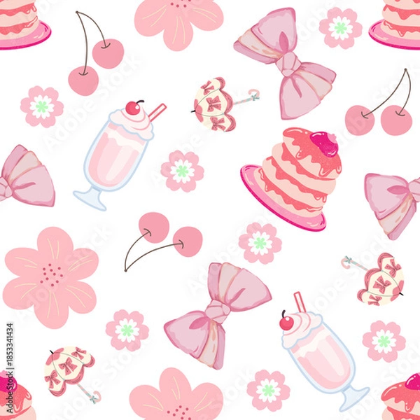 Obraz Cute Pink Seamless Pattern with Teddy Bears, Bows and Sweets