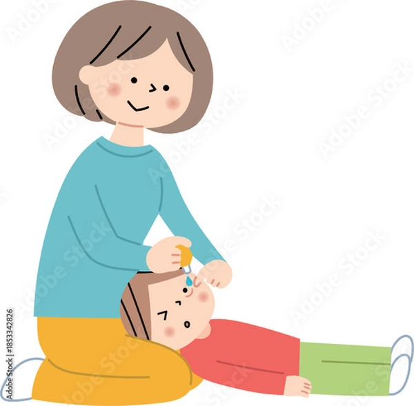 Fototapeta 子供に目薬を指すお母さん