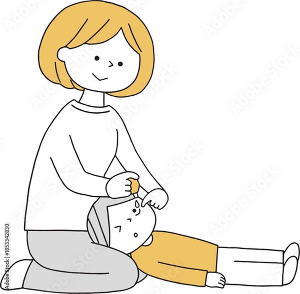 Fototapeta 子供に目薬を指すお母さん単色